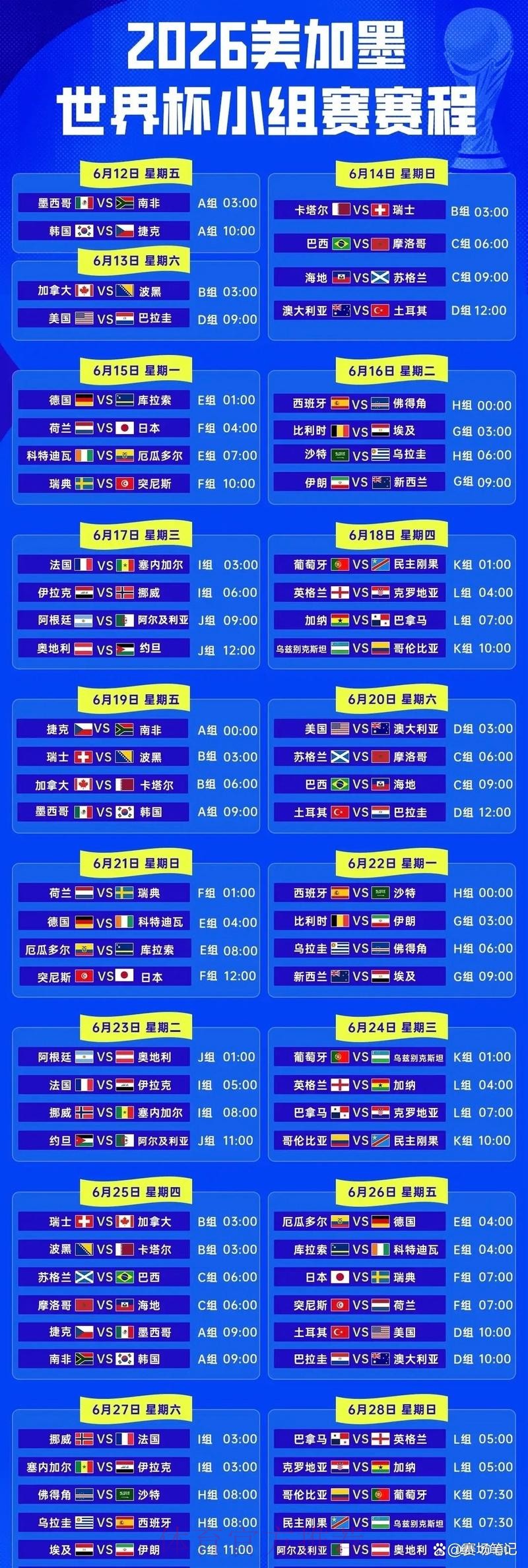 2026世界杯赛程及比赛时间安排 2026世界杯赛程及比赛时间安排